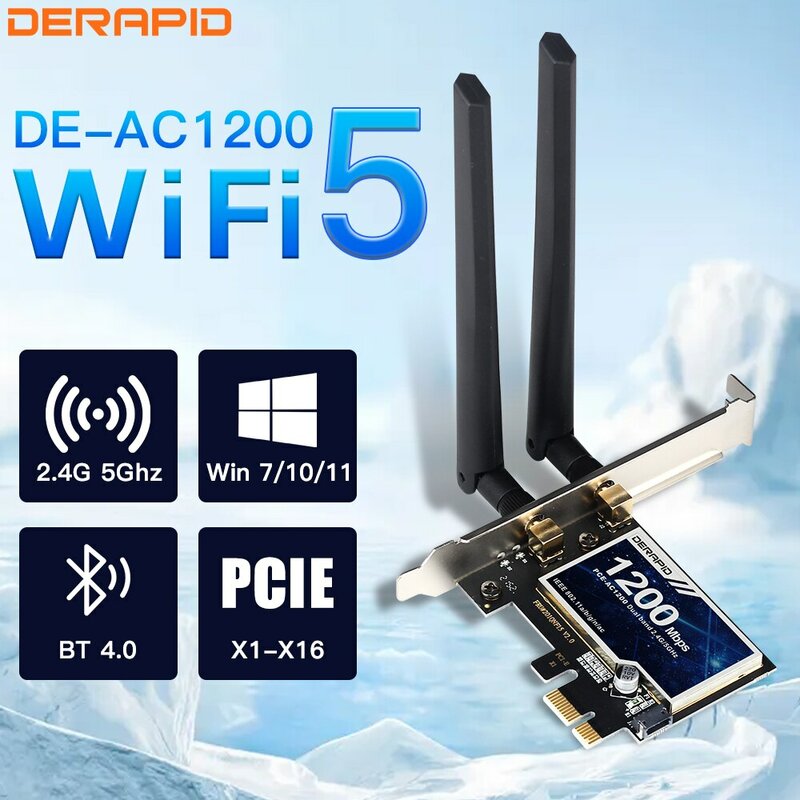 Derapid AC1200 WiFi Adapter Bluetooth Dual Band 2.4GHZ/5Ghz PCIE Wireless Network Card Intel Chip For Desktop For Windows7/10/11