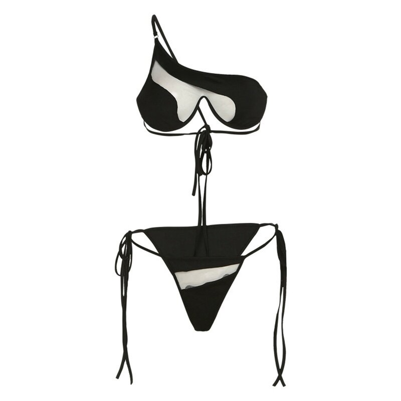 女性のためのハイカット水着、セクシーなビキニセット、2ピースの水着、1つの裸の肩のひも、マイクロビキニ、タイ、トライアングルパンツ、水着