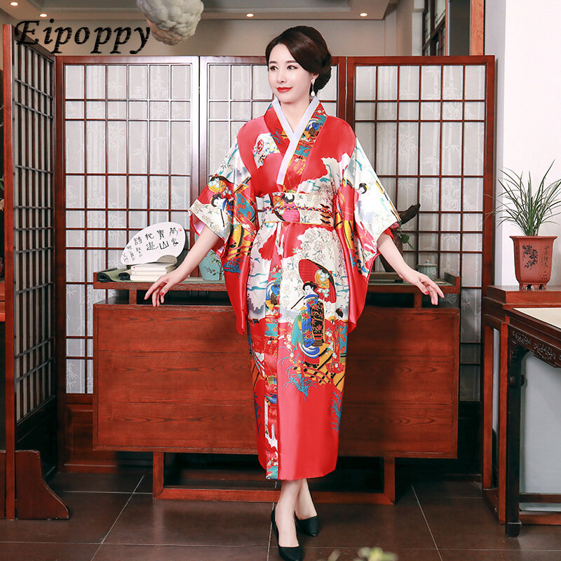 Pijama de seda de imitación para mujer, Kimono japonés, vestido de novia de media manga, ropa de casa, bata de noche, albornoz de verano