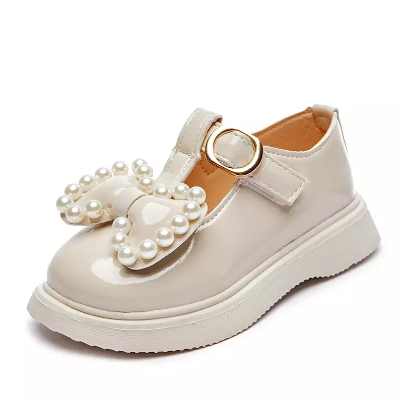 Spring Autumn Girls Leather Shoes with Bow-knot Pearls Beading Princess Sweet Cute Soft Comfortable Children Flats Kids Shoes