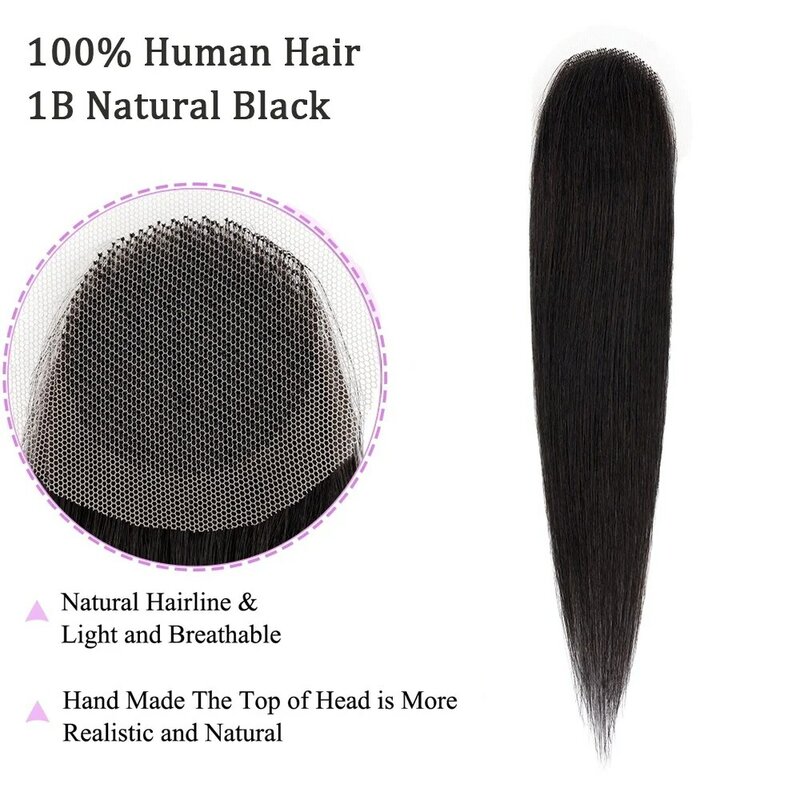 Remendo dianteiro do cabelo do topper do laço para mulheres, linha fina natural, peruca invisível, peças da substituição do cabelo humano, partes superiores do cabelo
