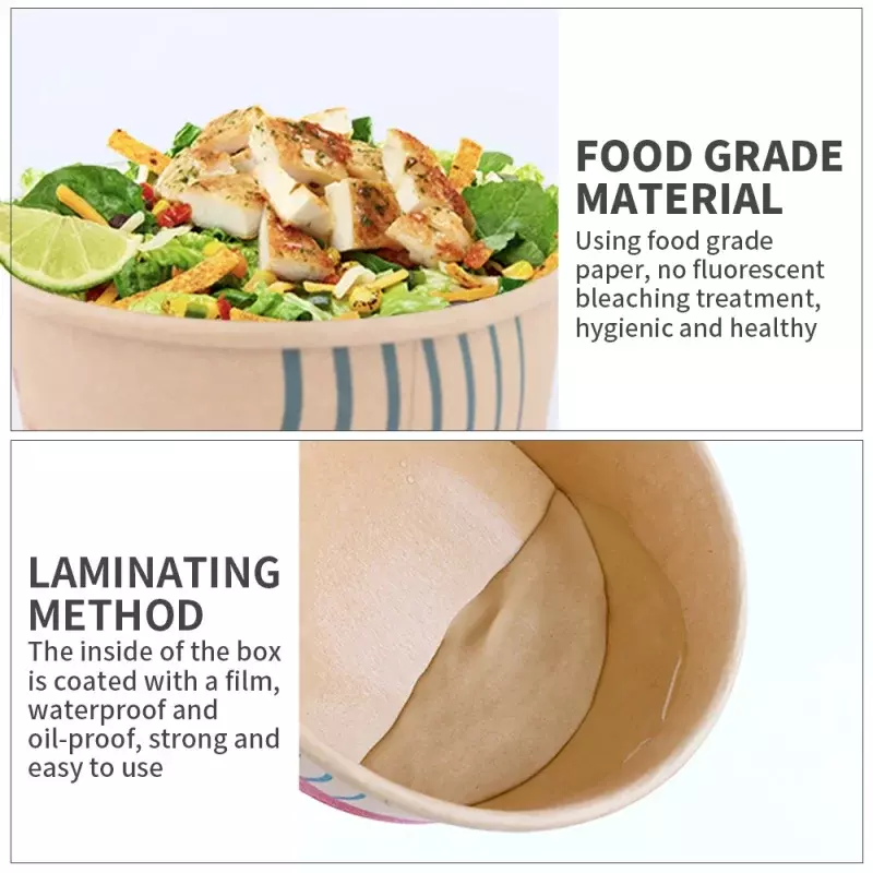 Produk kustom makanan kemasan makanan bungkus logo kustom sekali pakai cetakan kertas wadah salad mangkuk kertas kraft dengan tutup