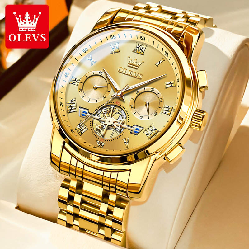 OLEVS Brand Luxury Moon Phases Quartz Watch for Men Stainless Steel Waterproof Luminous Fashion Chronograph Wristwatches Men