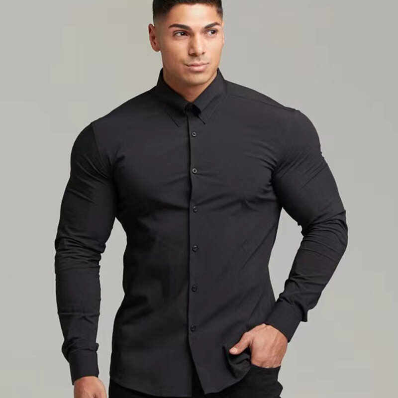 Camisa de manga larga para hombre, camisa informal de trabajo, microelástica, ajustada, Color sólido, no hierro, Color blanco y negro, talla estadounidense XXXL