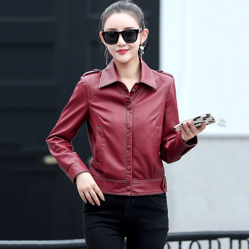 New Women Small Leather Jacket Casual Fashion Moto & Biker Style Shirt Collar Sheepskin Short Coat Split Leather Slim Outerwear