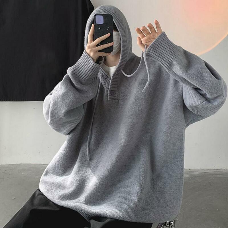 Classic Men Knitwear Drawstring Anti-freeze Skin-Touch Casual Hooded Pullover Warm Knitted Sweatshirt