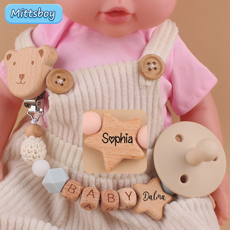 Clip personalizado para chupete de bebé, accesorio con nombre personalizado, recuerdo para recién nacido, suministros de madera para bebé, regalo para madre, 2023