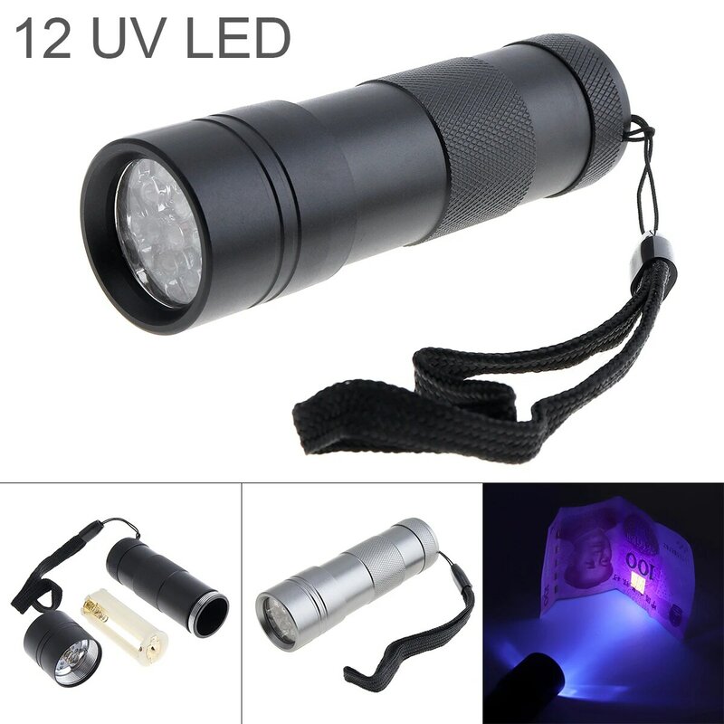 Liga de alumínio 12 LED Lanterna UV, 3x pilhas AAA para detecção agente fluorescente, Detector de dinheiro, 395nm