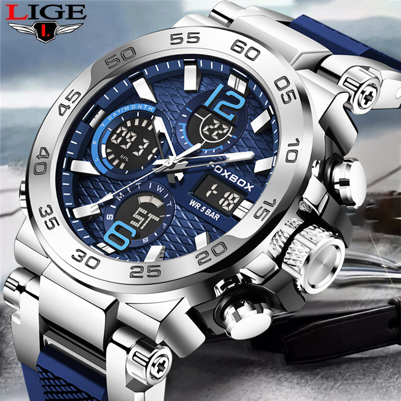 LIGE-Relógio de pulso impermeável LCD Dual Display masculino, relógios esportivos, despertador, militar, quartzo, novo, 50m