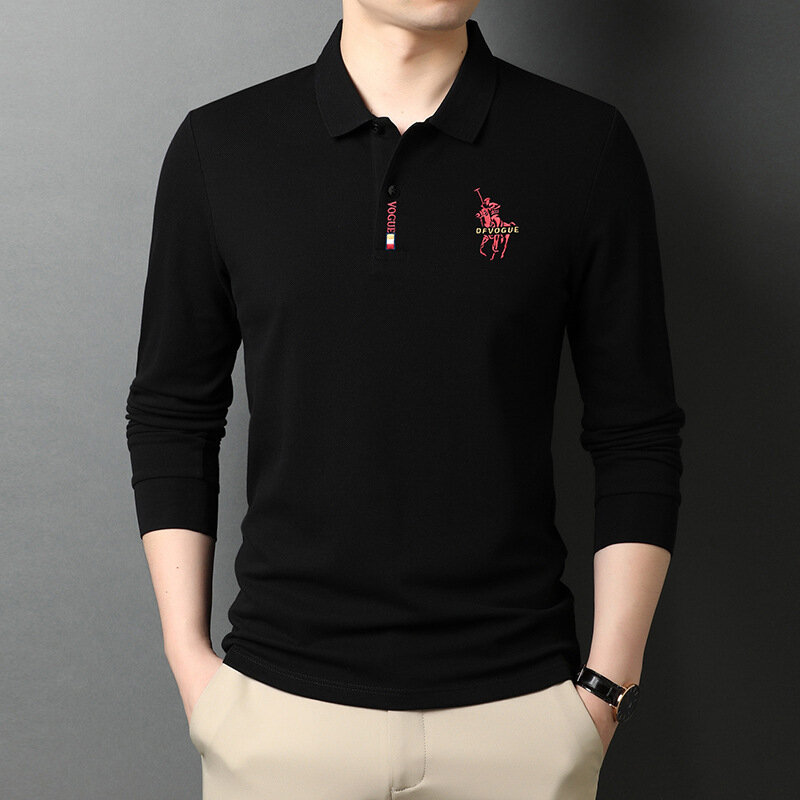 Camisa de lapela bordada manga longa masculina, camiseta casual, roupas de alta qualidade