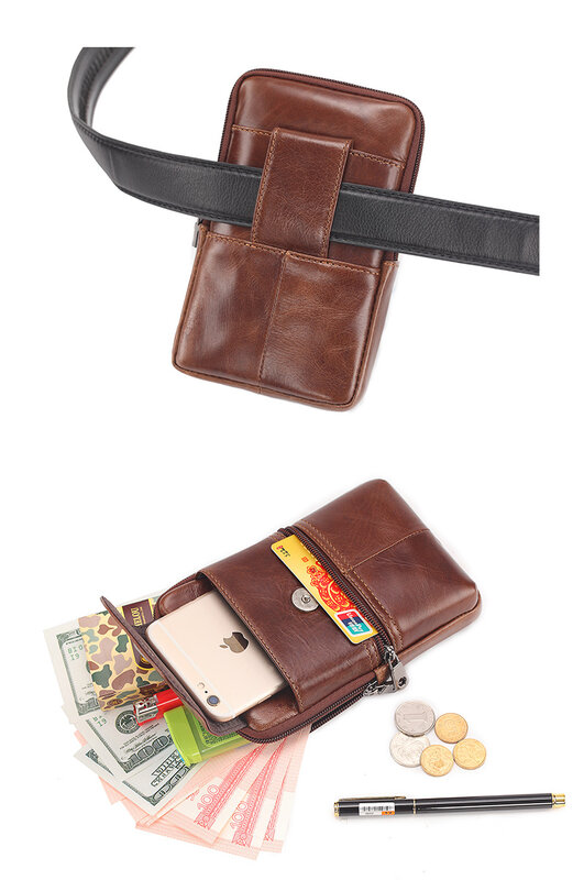 Tas pinggang kulit asli untuk pria, dompet sabuk ponsel kulit asli, Dompet pinggang kantong kunci kulit sapi untuk pria
