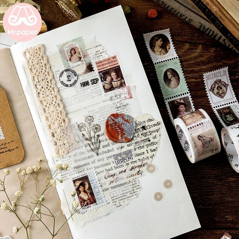 Mr. Paper-cintas de sellos de plantas de oficina de correos Retro, pegatinas decorativas para álbum de recortes, cintas de enmascaramiento fáciles de rasgar, 8 diseños