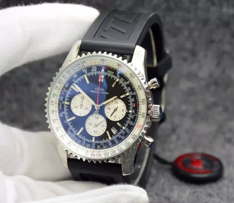 Relógio cronógrafo de quartzo de luxo masculino, aço inoxidável, preto, azul, bracelete de borracha com data, novo