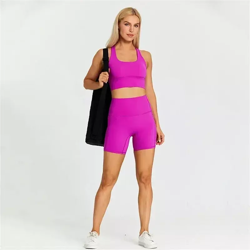 Lemon Women Sport Suit vita alta reggiseno corto e Fitness 2 pezzi con tasca Legging corto Yoga Set Ride Gym Workout Training