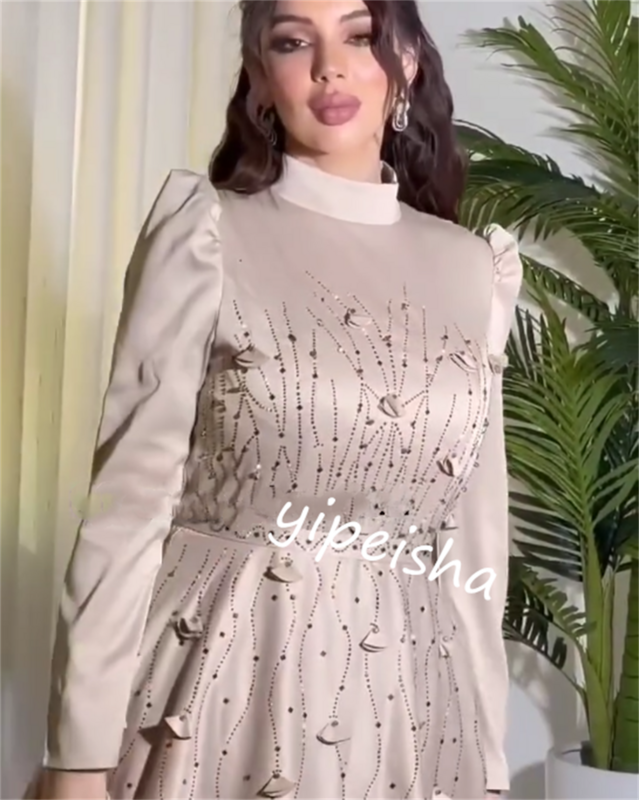 Gaun pesta malam Arab Saudi Satin manik-manik Applique gaun pesta koktail A-line kerah tinggi Bespoke gaun acara gaun Midi