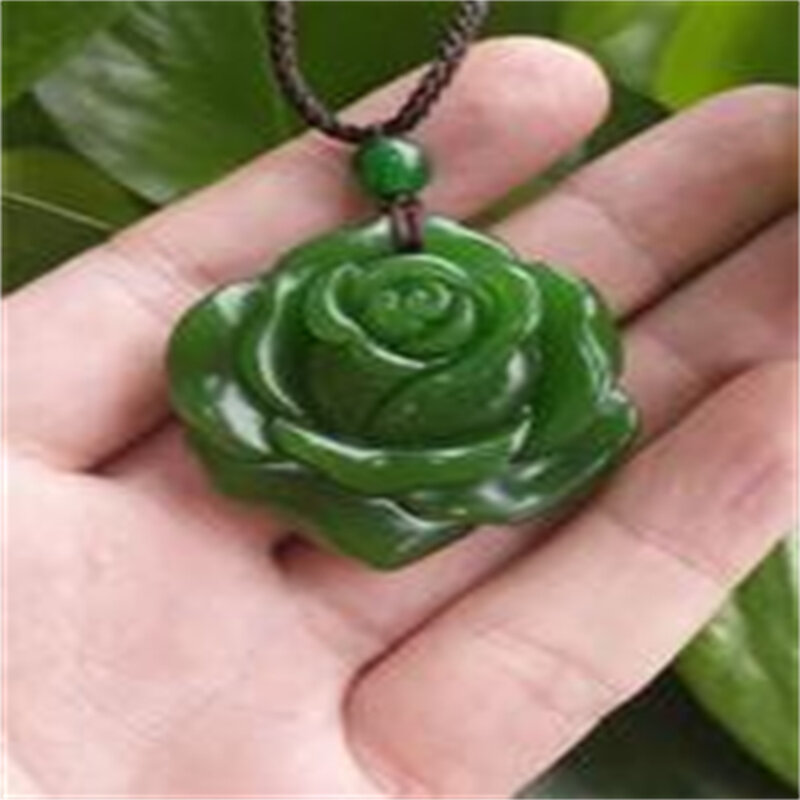 Fashion Natural Green Selling Jadeite Rose Necklace Pendant Hand-Carved Lucky Amulet Hot