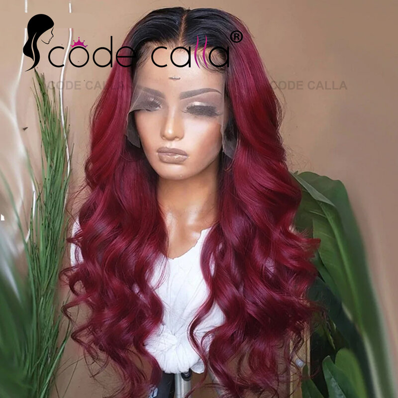 Peluca de cabello humano ondulado para mujer, postizo de encaje Frontal, color rojo, Borgoña 99J, 13x4, HD, transparente