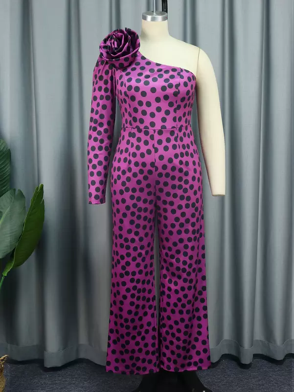 AOMEI One Shoulder Polka Dot Printed Jumpsuit Women Elegant One Piece African Female High Waist Wide Leg Rompers New Plus Size