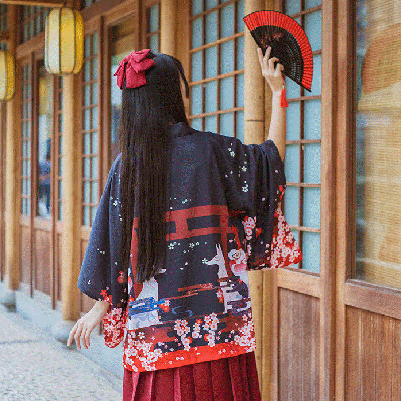 Kimono japonês yukata para mulheres, cardigan tradicional, haori, raposa