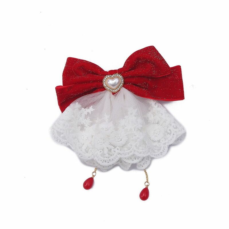 ChimFestive-Pince à frange en dentelle rouge pour enfants, nœud perlé, vêtements de sauna, épingle à cheveux du nouvel an, accessoires pour cheveux pour filles, pince à cheveux en forme de cœur