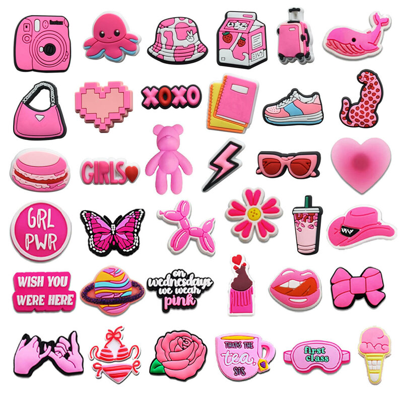 Fivela de sapatos de praia rosa para meninas, acessórios, livro, caixa de leite, hambúrguer, sutiã, borboleta, baleia, urso, ténis, sandálias, decoração