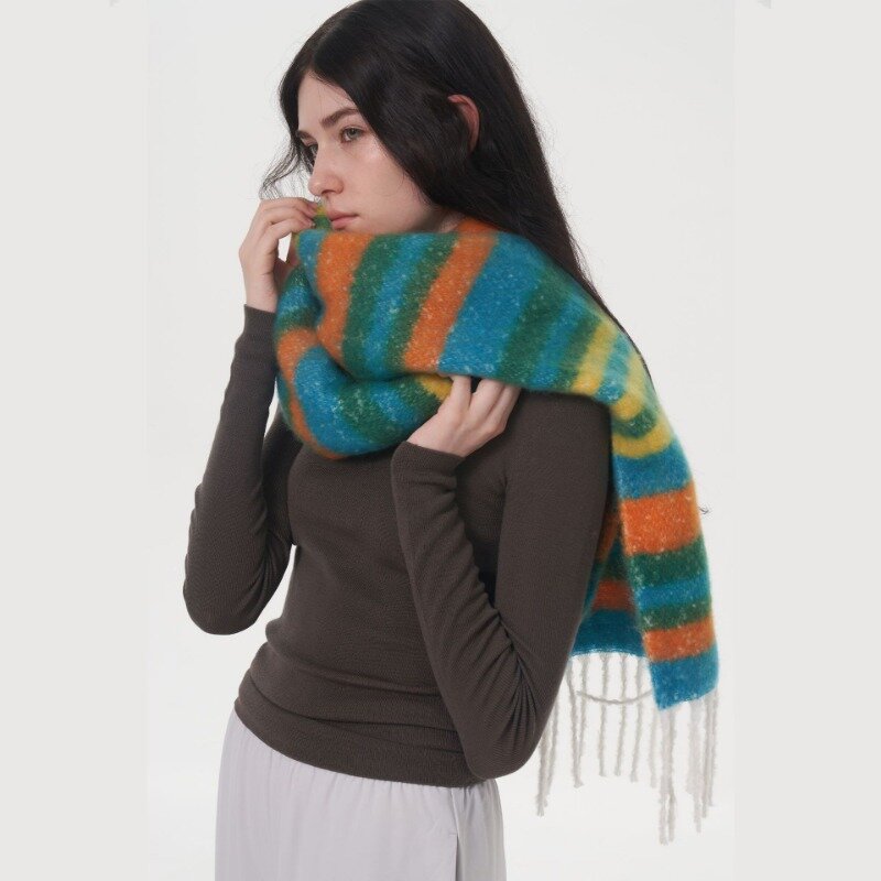 Autumn and Winter Korean Style Colorful Scarf Personalized Dopamine Rainbow Striped Fringe Thickened Warm Windproof Scarf