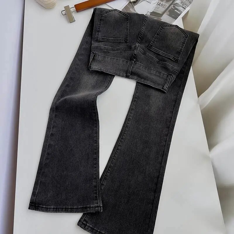Cintura alta Fivela Dupla Sino Calça Jeans Inferior Coreano Moda Slim Skinny Streetwear Denim Calças Primavera Outono Lavado Mulheres Jeans