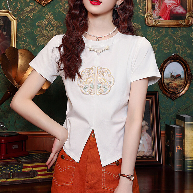 Roupa retrô de tricô estilo chinês feminino, senhora do escritório, estampa bordada, decote V, manga curta, moda elegante, verão, novo