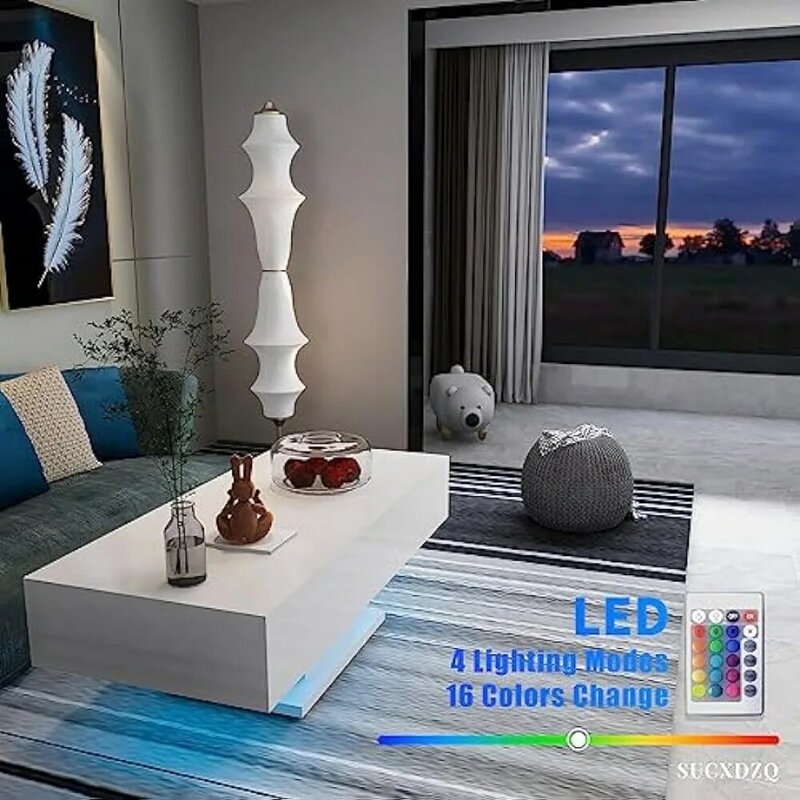 Modern LED Coffee Table High Gloss Coffee Table with LED Light Modern Central Living Room, RGB Light with Remote Control