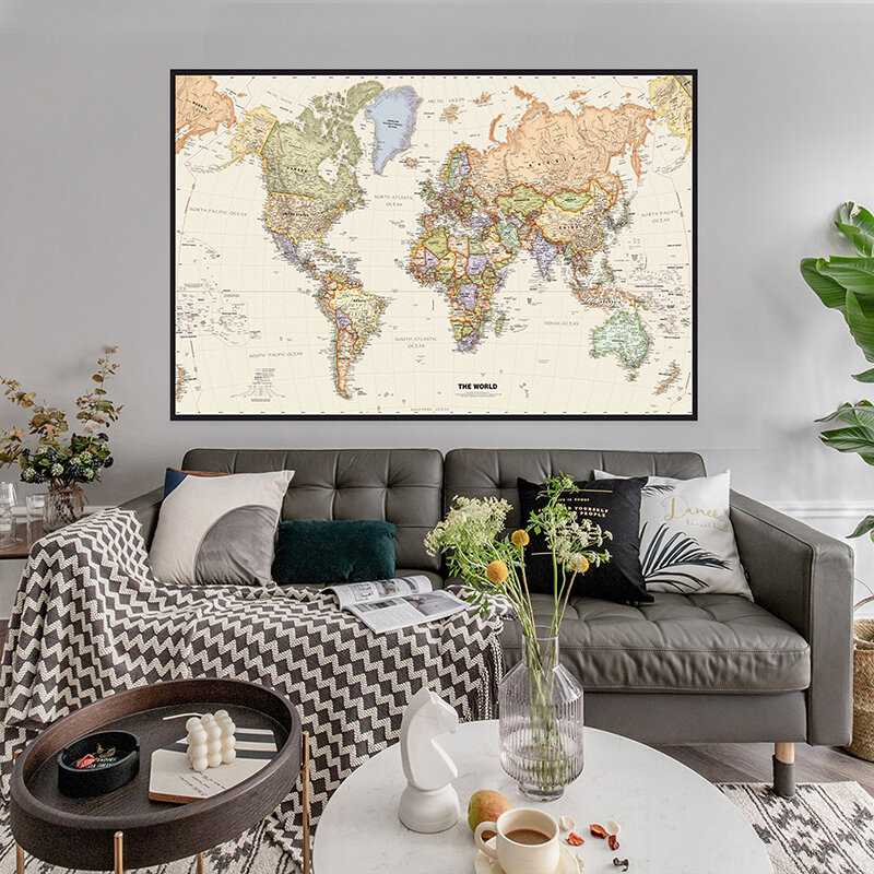 Póster de arte de pared Vintage con imagen detallada del mapa del mundo, lienzo no tejido, pintura, escuela, oficina, decoración del hogar, 225x150