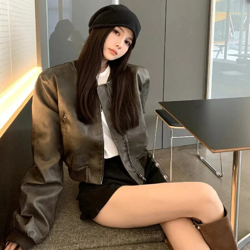 Baggy Streetwear giacca corta in pelle da donna americana retrò moda allentata cappotto Hip Hop femminile capispalla coreano