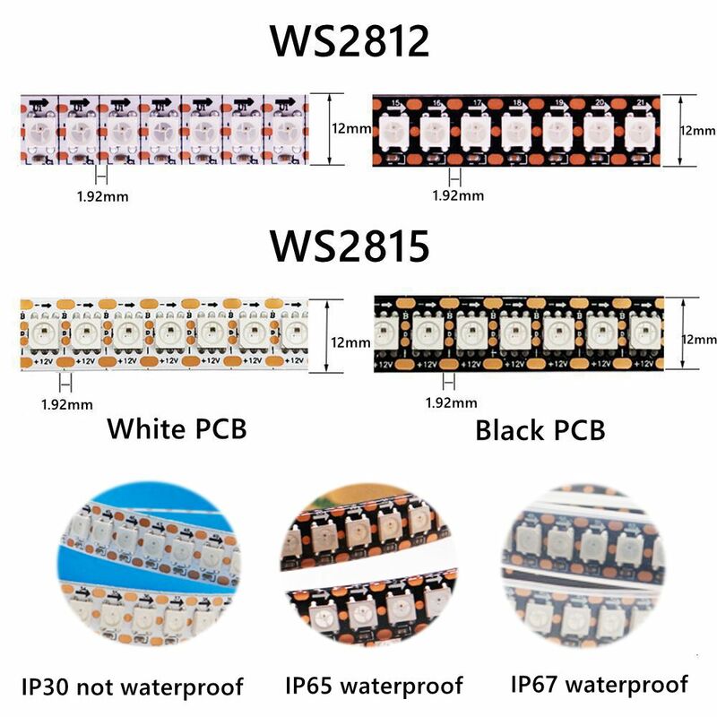 Светодиодная лента WS2812B WS2815, 1-3 м, 144 пикселей/светодиодов/м, адресная IC Smart 5050, RGB Светодиодная лента, Светодиодная лента стандарта IP30/IP65/IP67, 5 в постоянного тока/12 В