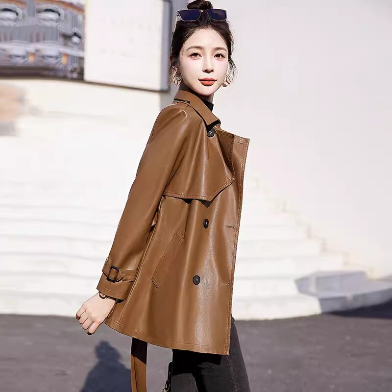Nouveau manteau en cuir pour femmes printemps automne Trench-coat en peau de mouton à col rabattu et à double boutonnage Manteau en cuir fendu décontracté