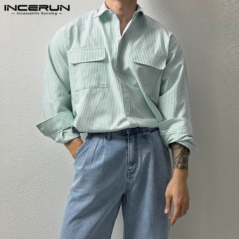 2024 Men's Striped Shirt Lapel Long Sleeve Pockets Loose Streetwear Casual Men Clothing Fashion Leisure Camisas S-5XL INCERUN