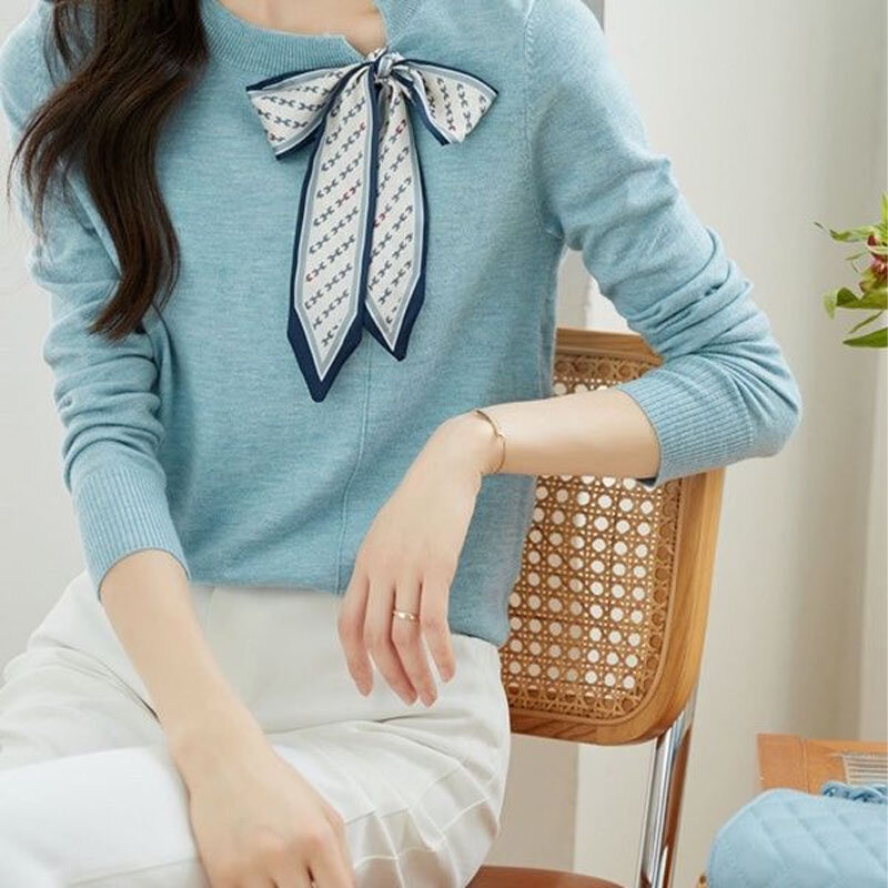 Moda elegante arco lenço de seda emendado blusas outono roupas femininas manga longa sólido all-match commute camiseta de malha