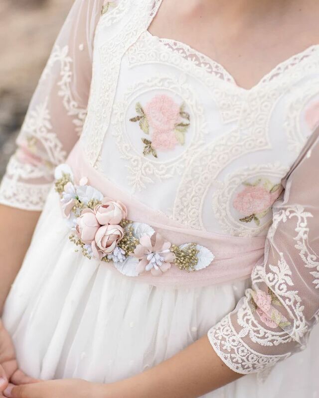 FATAPAESE Fairy Flower Girl Kid Dress Princess Lace Floral Ribbon Pink Bow Belt Bridemini Junior Bridesmaid Wedding Party Gown