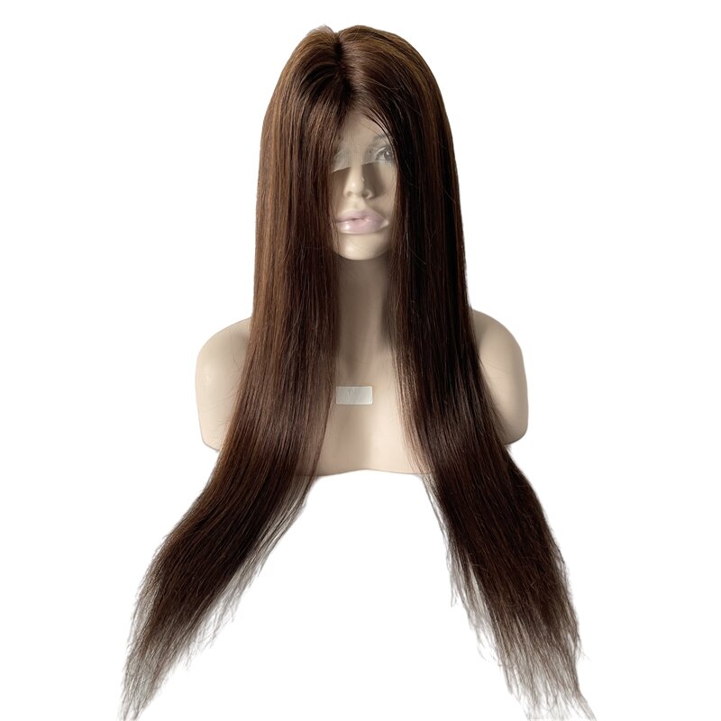 Wig medis rambut manusia Virgin Brasil 26 inci warna kepadatan 180% #4 renda penuh lurus halus dengan Wig Perimeter PU