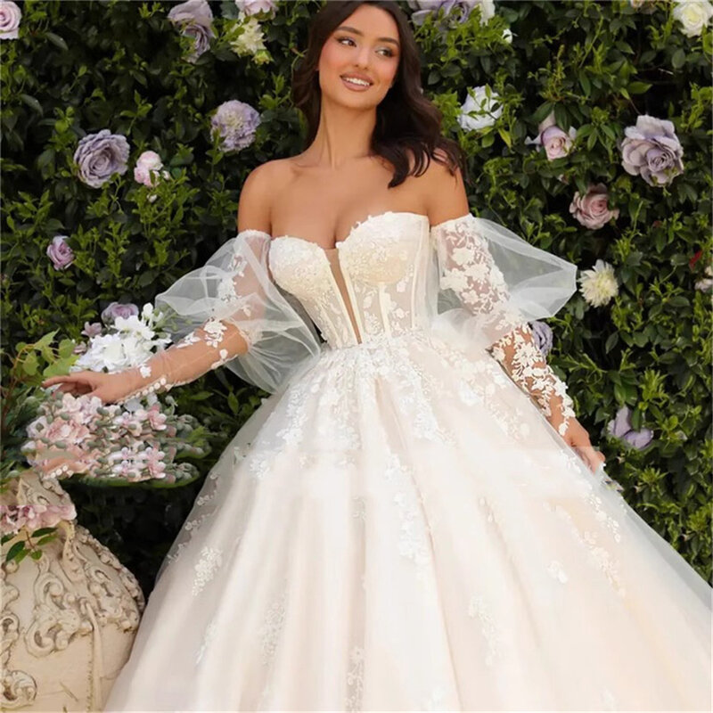 Charming Strapless Detachable Sleeves Tulle Ball Gown Wedding Dresses For Women 2024 Court Train Bridal Gowns Vestidos De Novia