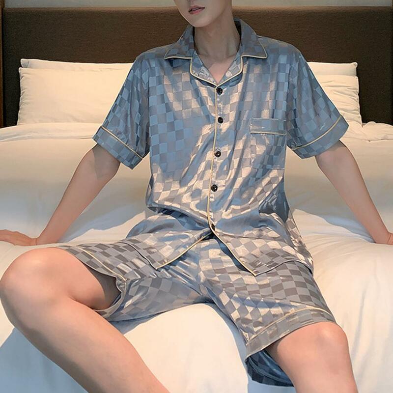 Conjunto de pijamas xadrez masculino, botões single-breasted, Homewear solto, gola virada para baixo, shorts de cintura elástica, pijamas, 2 peças por conjunto