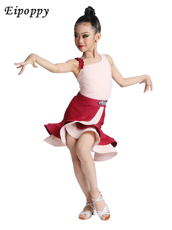 ชุดเต้นแบบละตินสำหรับเด็กผู้หญิงชุดออกกำลังกายแบบแยกชิ้นชุดฝึกแบบละตินสำหรับฤดูร้อน
