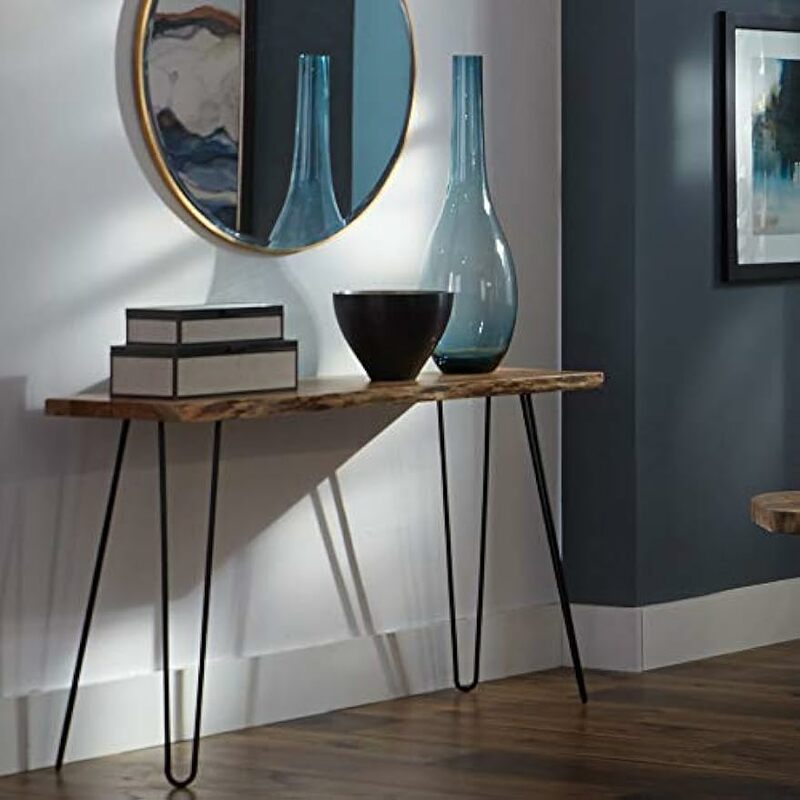 Table de console multimédia en bois naturel avec épingle à cheveux en métal, bord en direct, 16 po x 48 po x 30 po, 48 po