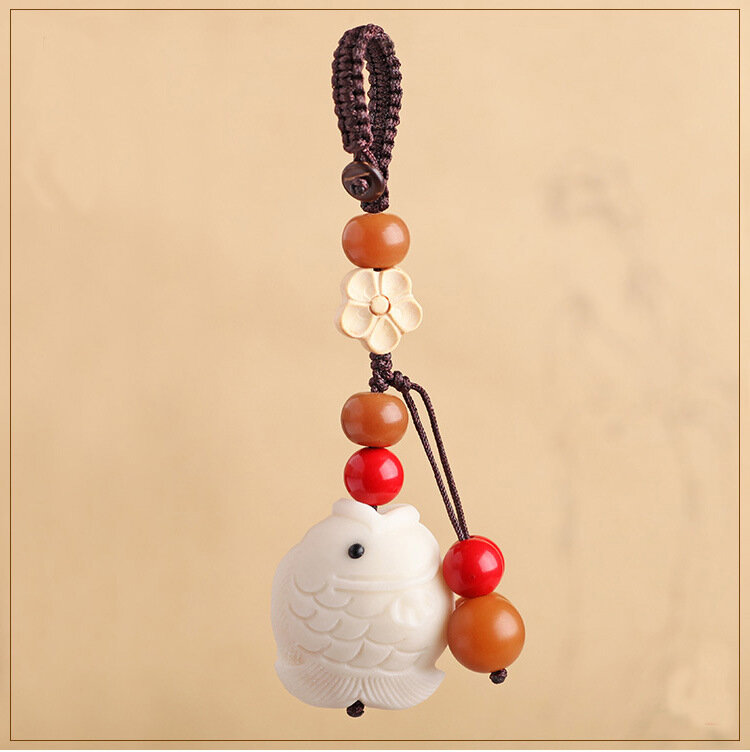 Year After Year Ivory Fruit Fine Carving Small Fish Car Key Chain Hand Woven National Style Art Pendant Men's and Women's Gifts