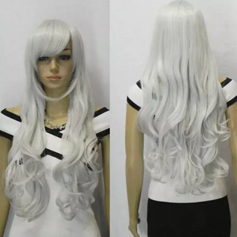 Peluca de Lolita rizada larga para fiesta, pelo resistente al calor, color blanco plateado, 80cm