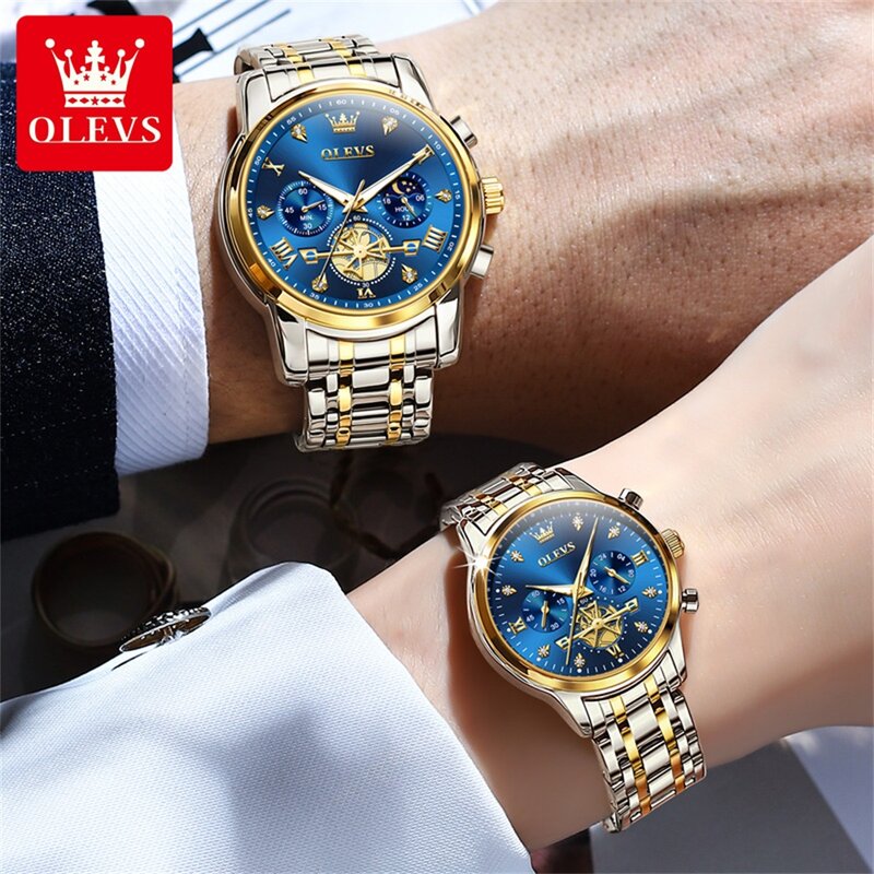 OLEVS jam tangan pasangan asli modis, jam tangan kotak kekasih cantik tahan air bercahaya fase bulan