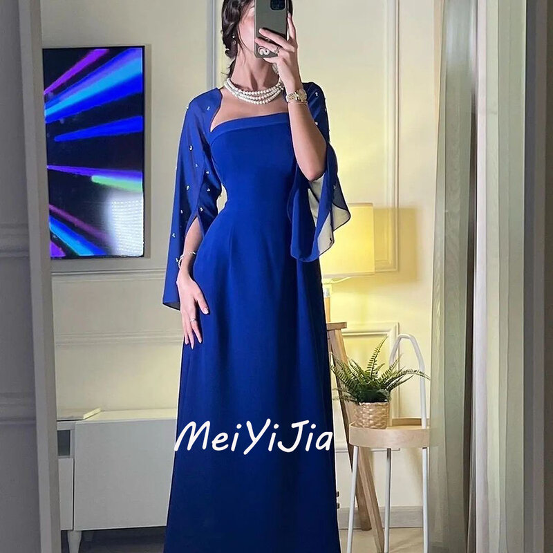 Meiyijia Abendkleid Saudi Perlen quadratischen Ausschnitt Satin bodenlangen Arabien sexy Abend Geburtstag Club Outfits Sommer