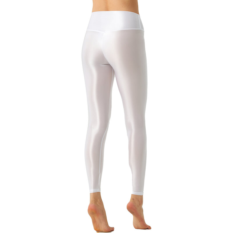 Celana olahraga wanita, Legging karet pinggang elastis lebar warna Solid Glossy elastis untuk Yoga Pilates latihan binaraga