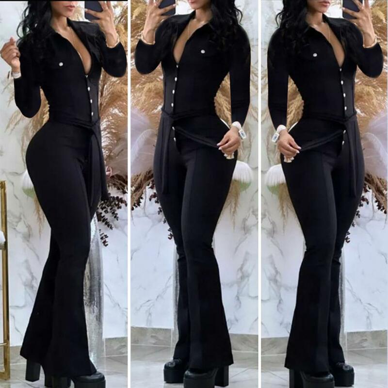 Lady Spring Jumpsuit Long Sleeve Jumpsuit Elegant Women's High Waist Jumpsuit Flared Cuff Slim Fit Belted Solid Color for Fall