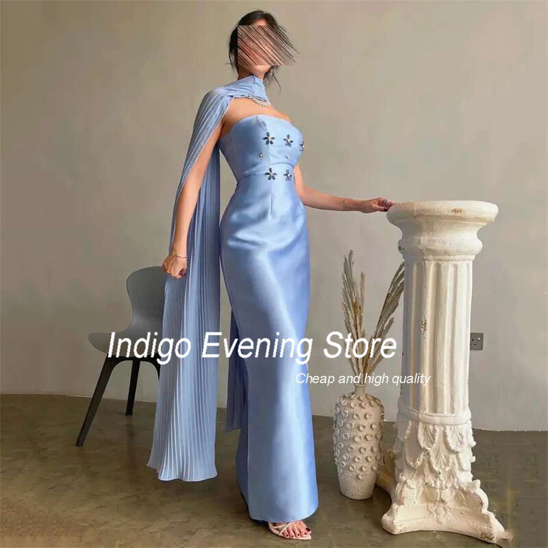 Indaco Prom Dresses sirena senza spalline perline alla caviglia raso elegante pietra divisa aperto indietro abito da sera per le donne muslimah sera