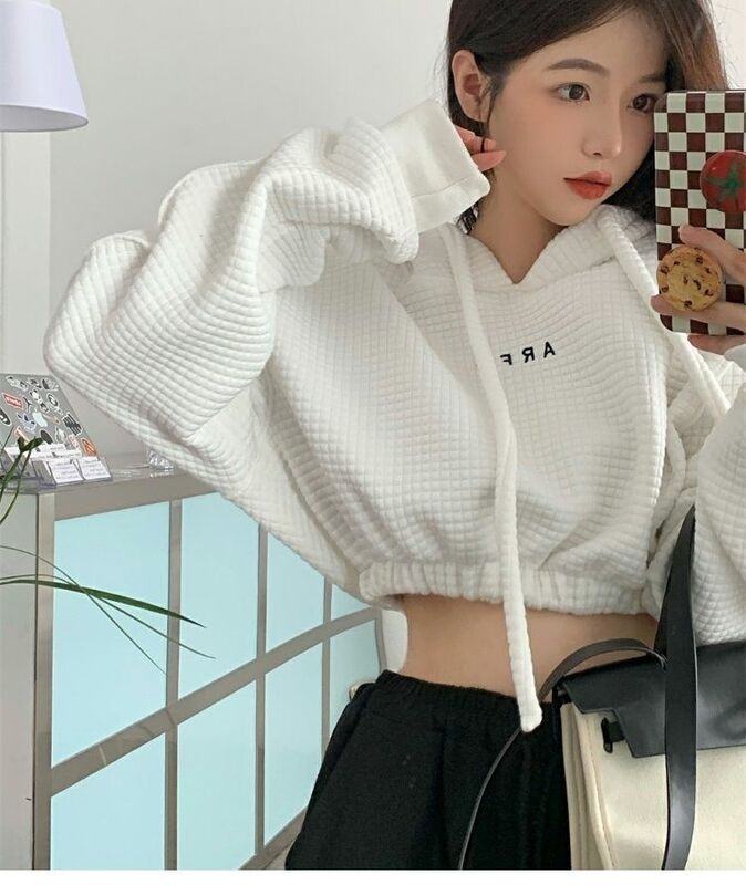 High Quality Waffle Vintage Y2k Clothes Hoodie Korean Fashion Hooded Sweatshirts Long Sleeve Crop Tops Sweatshirt Oversize