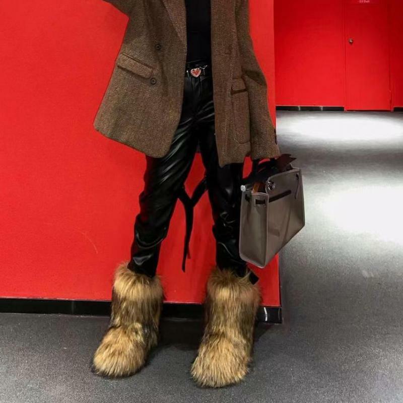 Y2k ผู้หญิงบู๊ทส์หิมะฤดูหนาวกลางแจ้ง Furry Faux Fox ขนสัตว์ใหม่ Bot Modis WomanPlush Warm แพลตฟอร์มรองเท้า Bottes